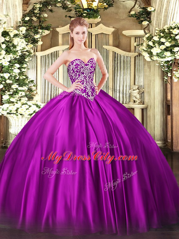 Fantastic Floor Length Lace Up Quinceanera Dress Fuchsia for Military Ball and Sweet 16 and Quinceanera with Beading