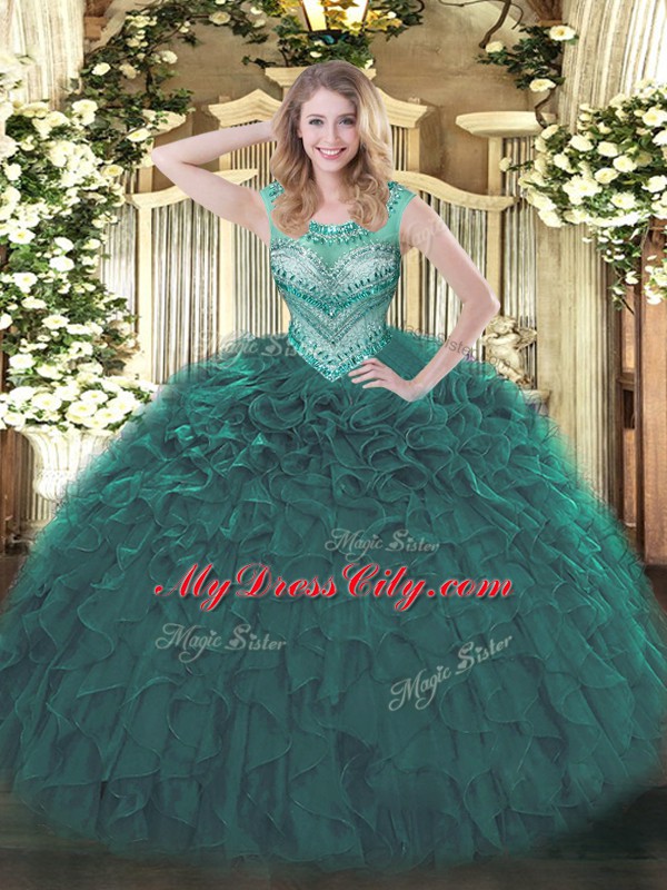 High End Teal Organza Lace Up Scoop Sleeveless Floor Length 15 Quinceanera Dress Beading and Ruffles