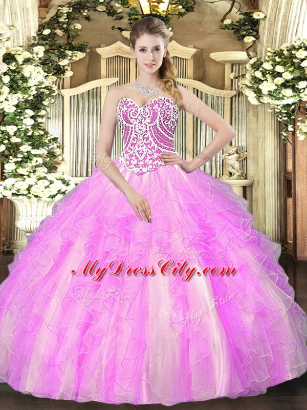 Glittering Lilac Ball Gowns Tulle Sweetheart Sleeveless Beading and Ruffles Floor Length Lace Up Quinceanera Dress