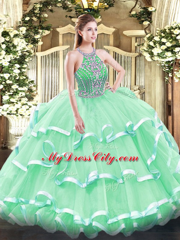 Noble Sleeveless Lace Up Floor Length Beading and Ruffled Layers 15th Birthday Dress