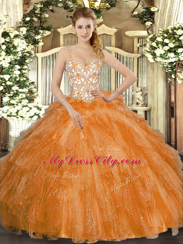 Orange Tulle Lace Up Straps Sleeveless Floor Length Sweet 16 Dress Beading and Ruffles