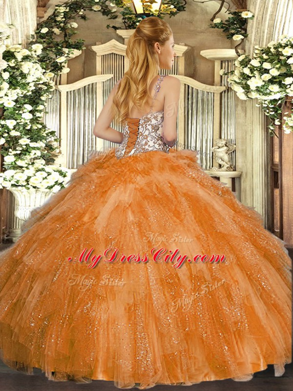 Orange Tulle Lace Up Straps Sleeveless Floor Length Sweet 16 Dress Beading and Ruffles