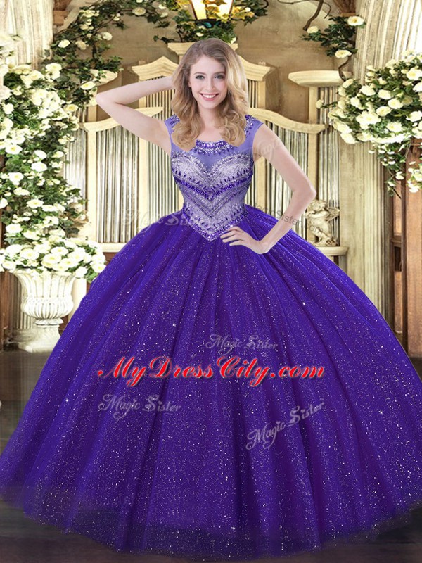 Classical Purple Tulle and Sequined Lace Up Sweet 16 Quinceanera Dress Sleeveless Floor Length Beading