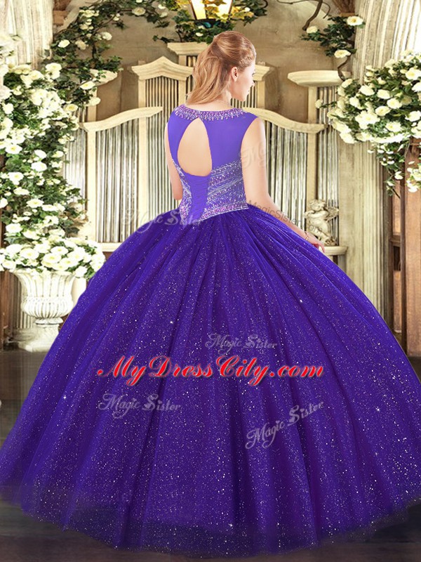 Classical Purple Tulle and Sequined Lace Up Sweet 16 Quinceanera Dress Sleeveless Floor Length Beading