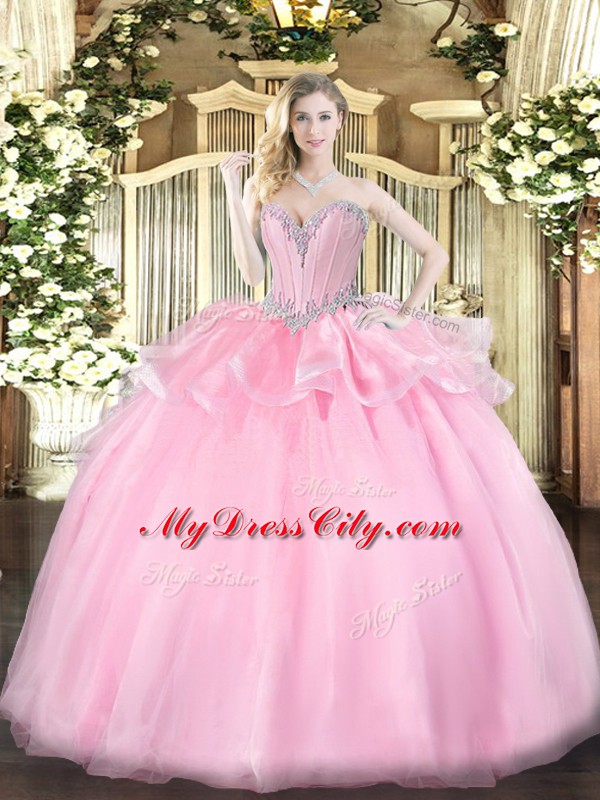 Free and Easy Beading Vestidos de Quinceanera Pink Lace Up Sleeveless Floor Length