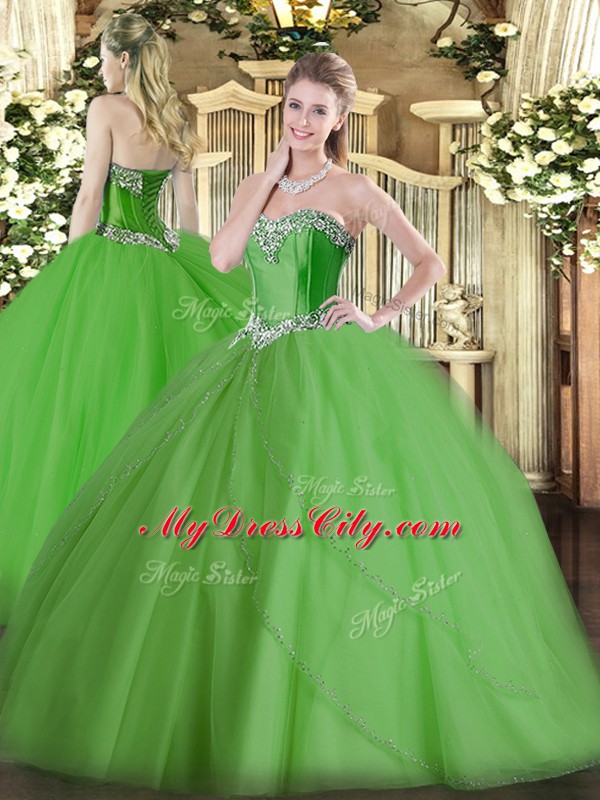 Sophisticated Sweetheart Sleeveless 15 Quinceanera Dress Brush Train Beading Green Tulle