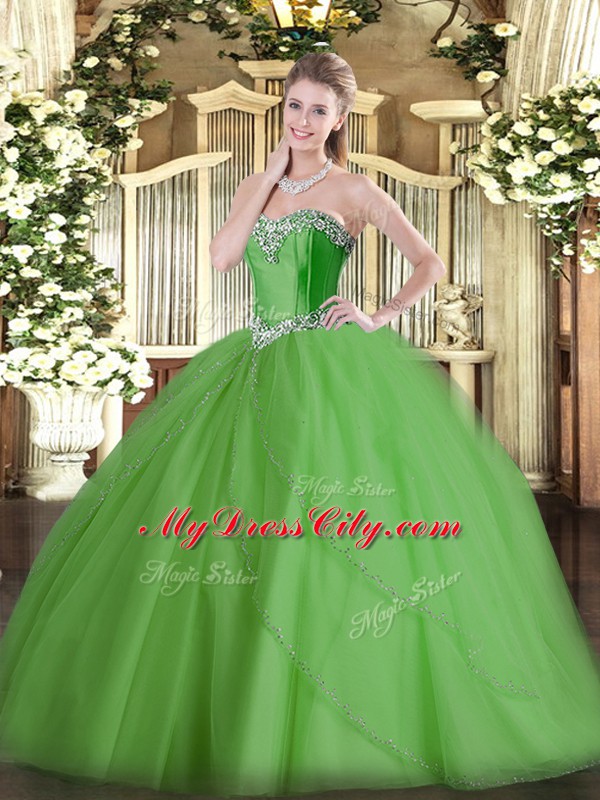 Sophisticated Sweetheart Sleeveless 15 Quinceanera Dress Brush Train Beading Green Tulle