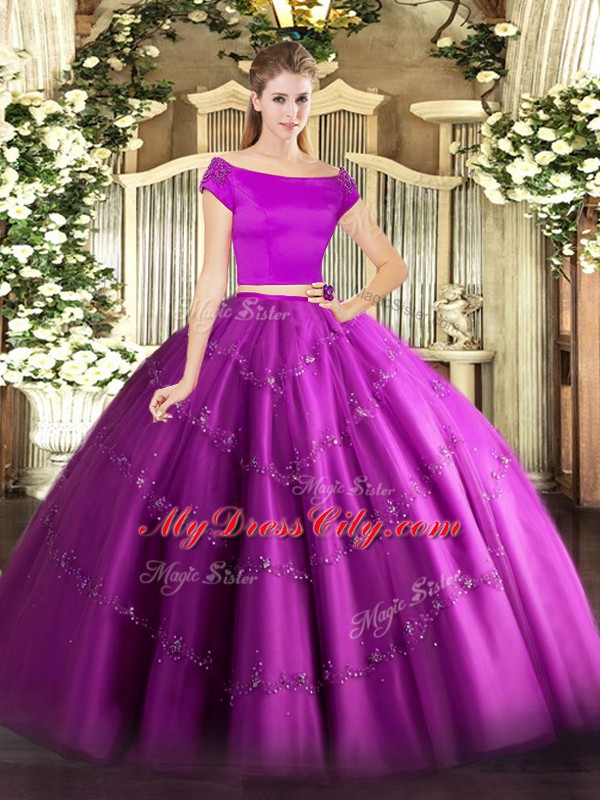 Customized Off The Shoulder Short Sleeves Quince Ball Gowns Floor Length Appliques Fuchsia Tulle