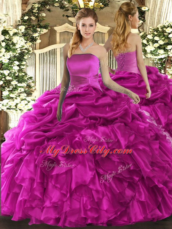 Floor Length Lace Up Quinceanera Gown Fuchsia for Military Ball and Sweet 16 and Quinceanera with Ruffles and Pick Ups