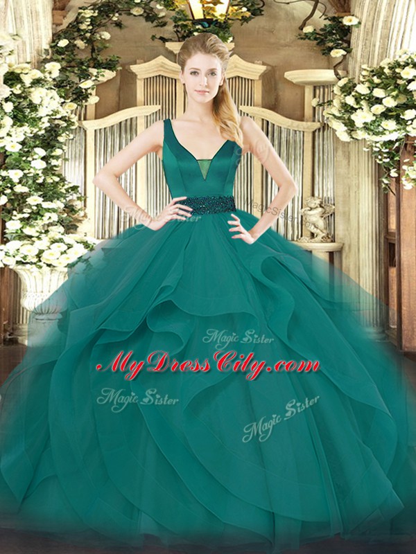 Pretty Teal Tulle Zipper Sweet 16 Dress Sleeveless Floor Length Beading and Ruffles