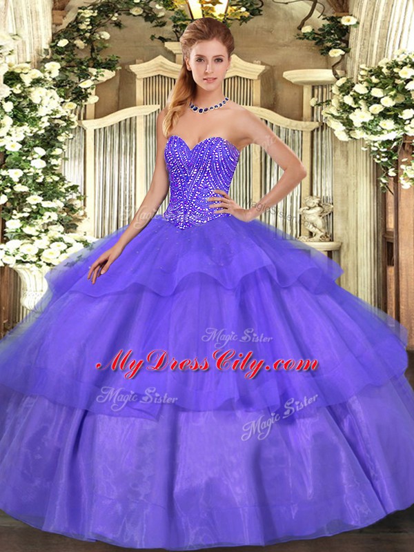 Lavender Ball Gowns Sweetheart Sleeveless Tulle Floor Length Lace Up Beading and Ruffled Layers Ball Gown Prom Dress