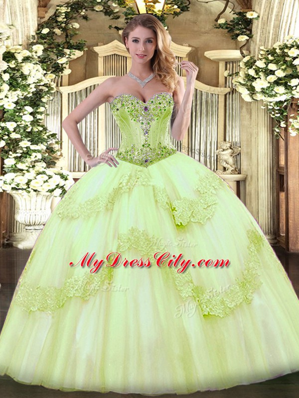 Cute Yellow Green Lace Up Sweetheart Beading Quinceanera Dress Tulle Sleeveless