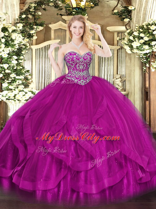 Floor Length Fuchsia Ball Gown Prom Dress Sweetheart Sleeveless Lace Up