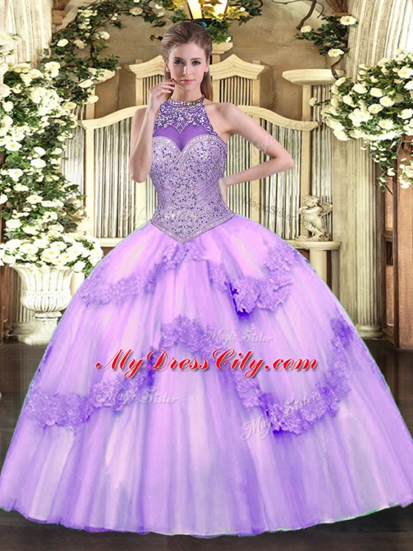 Lavender Ball Gowns Tulle Halter Top Sleeveless Beading and Appliques Floor Length Lace Up Quince Ball Gowns