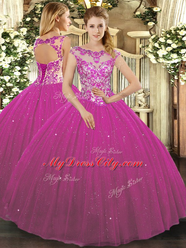 Cap Sleeves Lace Up Floor Length Beading and Appliques Quinceanera Gown