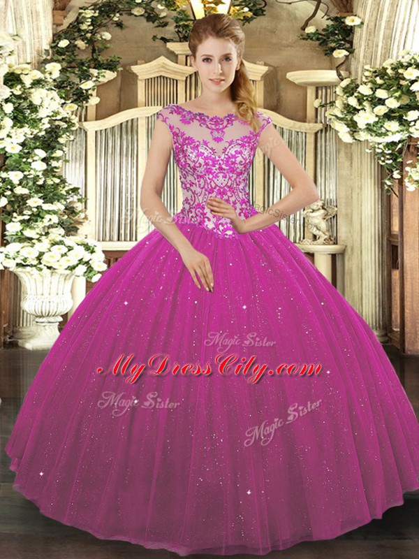 Cap Sleeves Lace Up Floor Length Beading and Appliques Quinceanera Gown