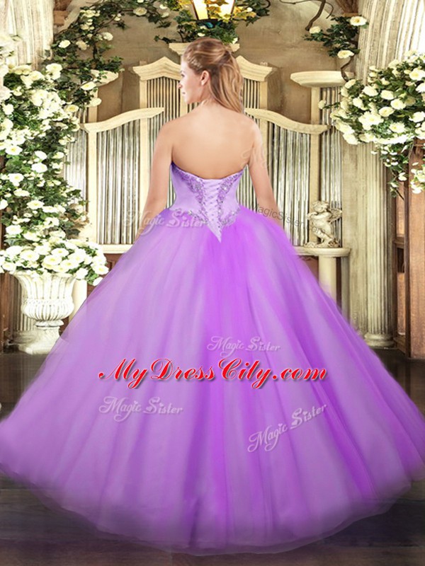 Delicate Ball Gowns V-neck Sleeveless Tulle Floor Length Lace Up Beading Quinceanera Dress