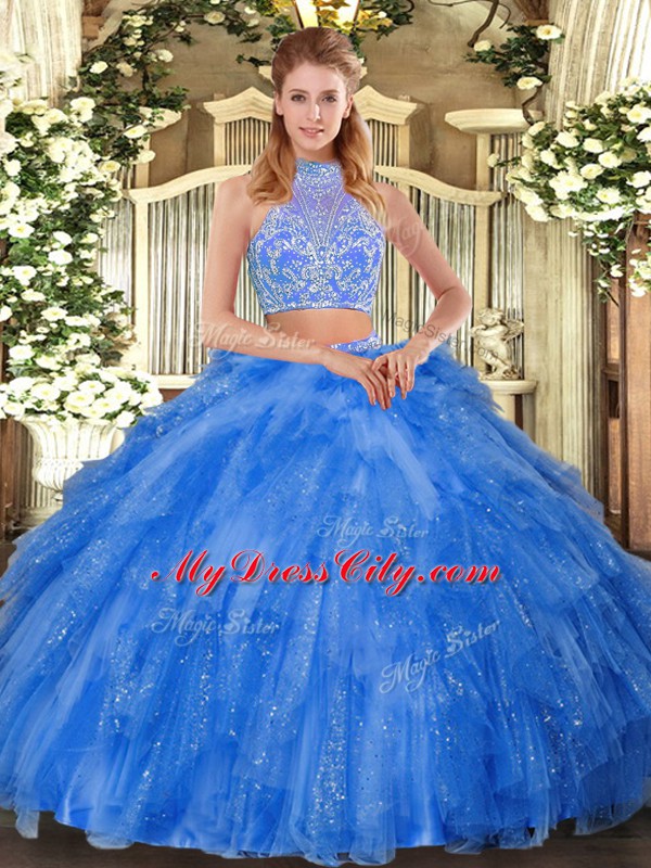 High End Floor Length Criss Cross Sweet 16 Dress Teal for Military Ball and Sweet 16 and Quinceanera with Beading and Ruffles