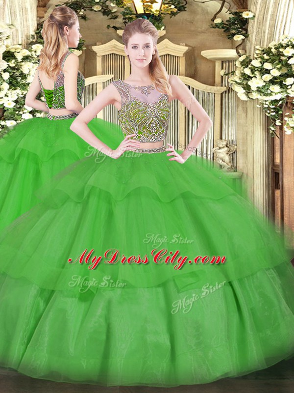 Custom Design Scoop Sleeveless Ball Gown Prom Dress Floor Length Beading and Ruffled Layers Green Tulle