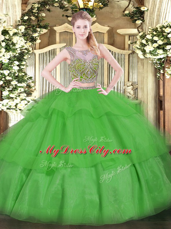 Custom Design Scoop Sleeveless Ball Gown Prom Dress Floor Length Beading and Ruffled Layers Green Tulle