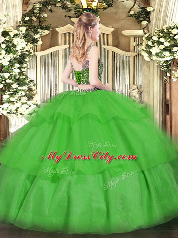 Custom Design Scoop Sleeveless Ball Gown Prom Dress Floor Length Beading and Ruffled Layers Green Tulle