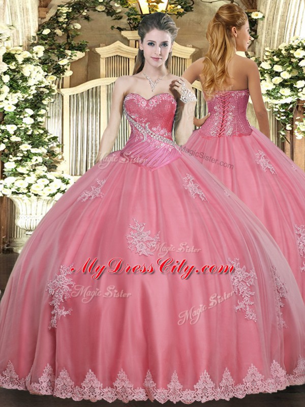 Fancy Tulle Sweetheart Sleeveless Lace Up Beading and Appliques Quinceanera Gown in Watermelon Red