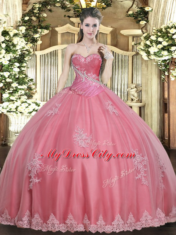 Fancy Tulle Sweetheart Sleeveless Lace Up Beading and Appliques Quinceanera Gown in Watermelon Red