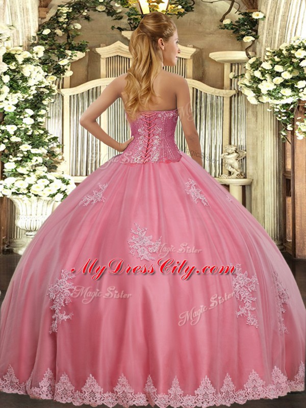 Fancy Tulle Sweetheart Sleeveless Lace Up Beading and Appliques Quinceanera Gown in Watermelon Red