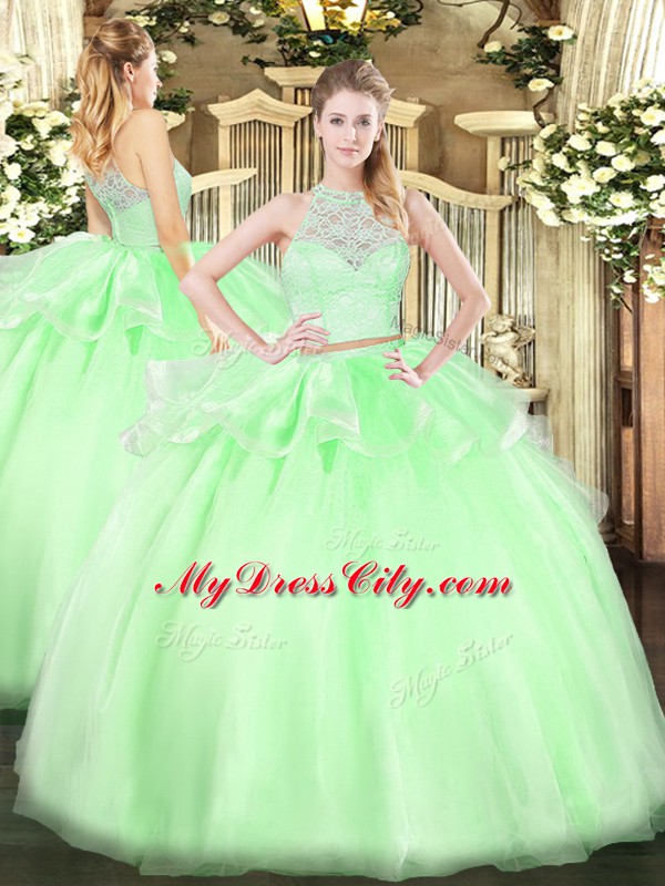 Chic Floor Length Apple Green Sweet 16 Dresses Tulle Sleeveless Lace