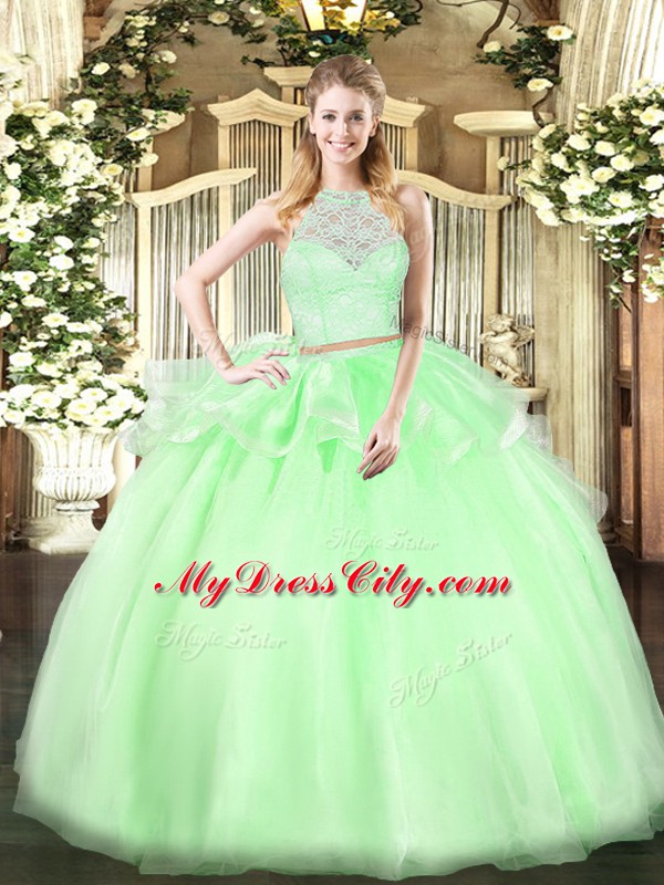 Chic Floor Length Apple Green Sweet 16 Dresses Tulle Sleeveless Lace