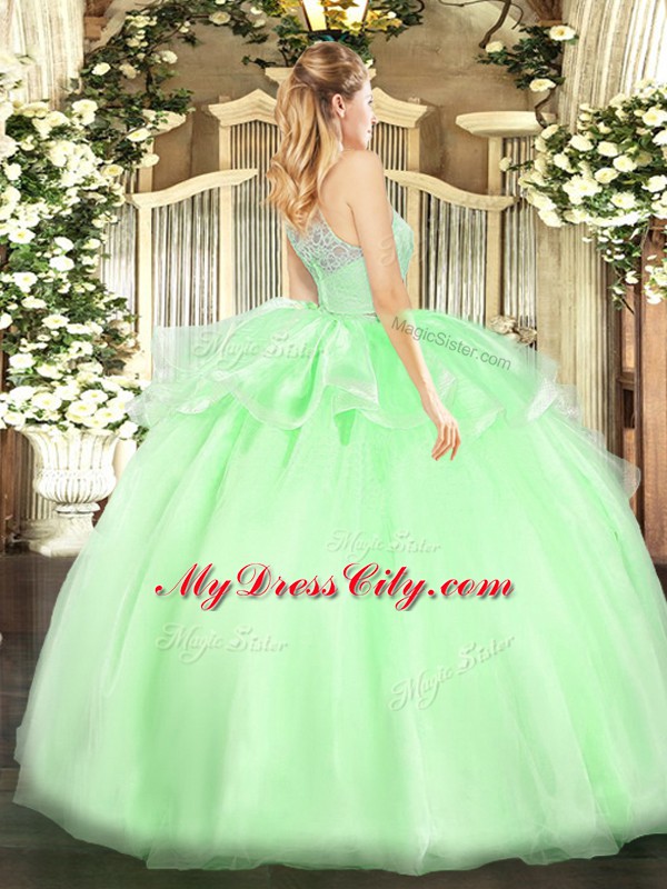 Chic Floor Length Apple Green Sweet 16 Dresses Tulle Sleeveless Lace