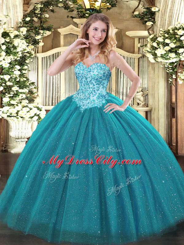 Hot Selling Teal Ball Gowns Tulle and Sequined Sweetheart Sleeveless Appliques Floor Length Lace Up Vestidos de Quinceanera