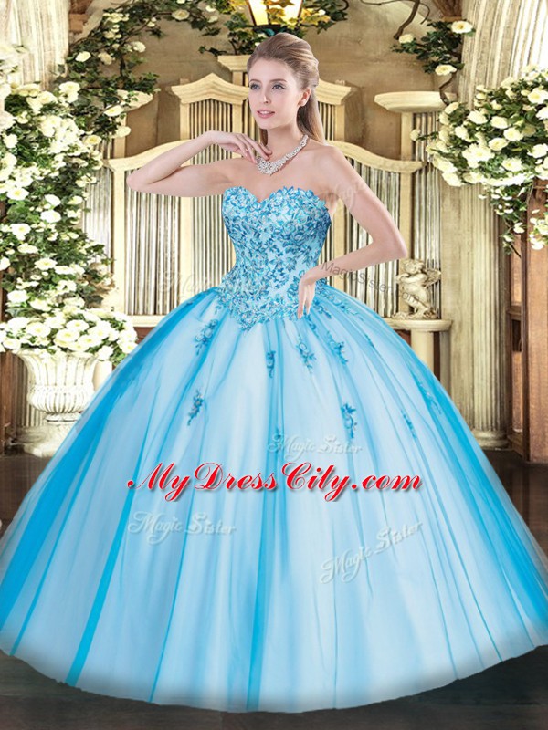 Tulle Sweetheart Sleeveless Lace Up Appliques Vestidos de Quinceanera in Baby Blue