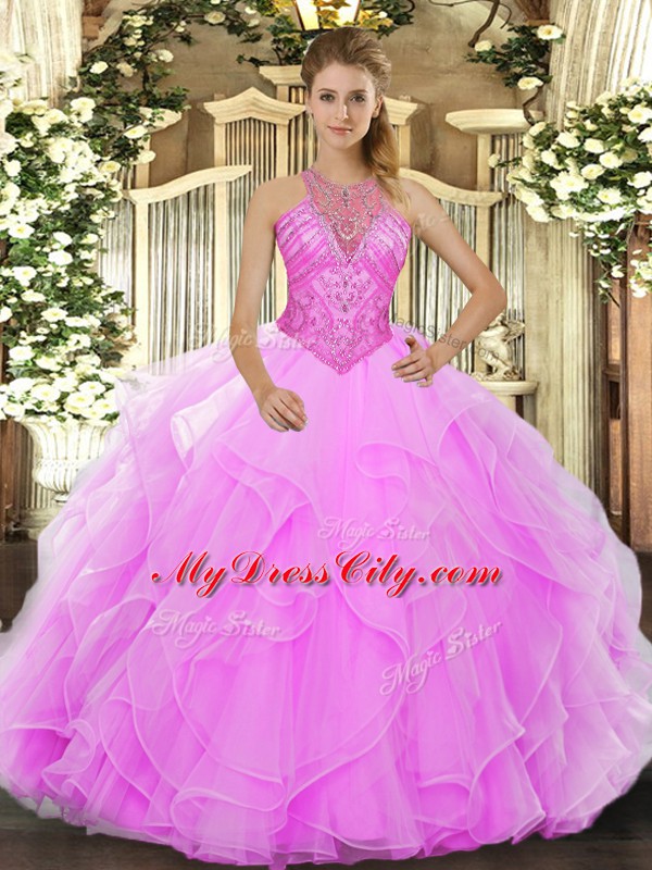 Sumptuous Rose Pink High-neck Lace Up Beading and Ruffles Sweet 16 Dresses Sleeveless