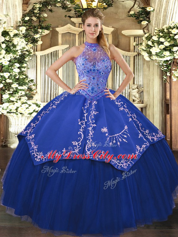 On Sale Blue Tulle Lace Up Quince Ball Gowns Sleeveless Floor Length Beading and Embroidery