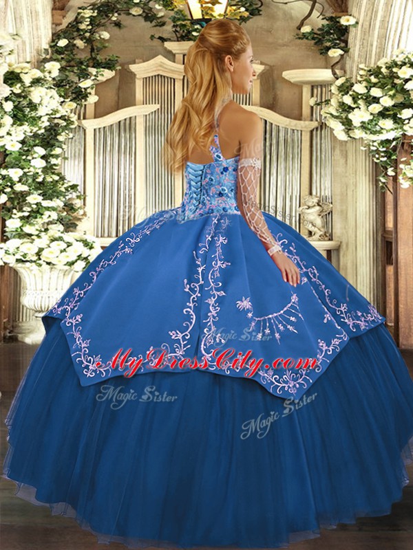 On Sale Blue Tulle Lace Up Quince Ball Gowns Sleeveless Floor Length Beading and Embroidery