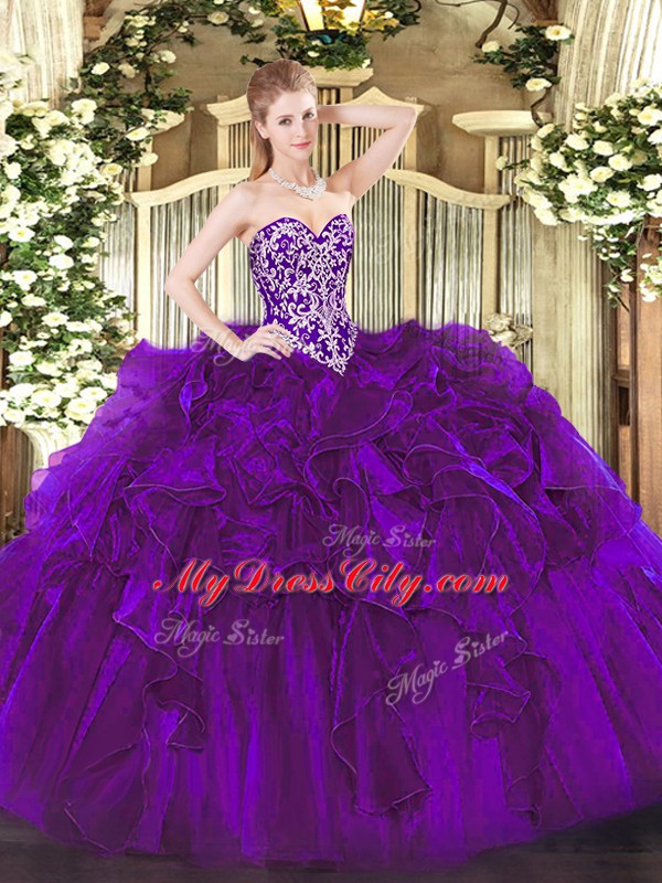 Eye-catching Beading and Ruffles Quinceanera Gown Purple Lace Up Sleeveless Floor Length