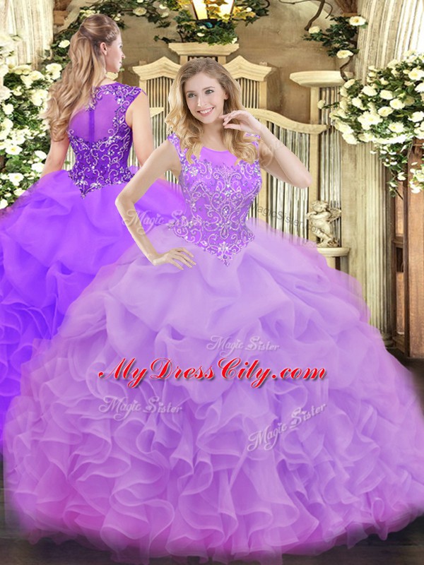 Fancy Lavender Ball Gowns Beading and Ruffles and Pick Ups 15th Birthday Dress Zipper Organza Sleeveless Floor Length