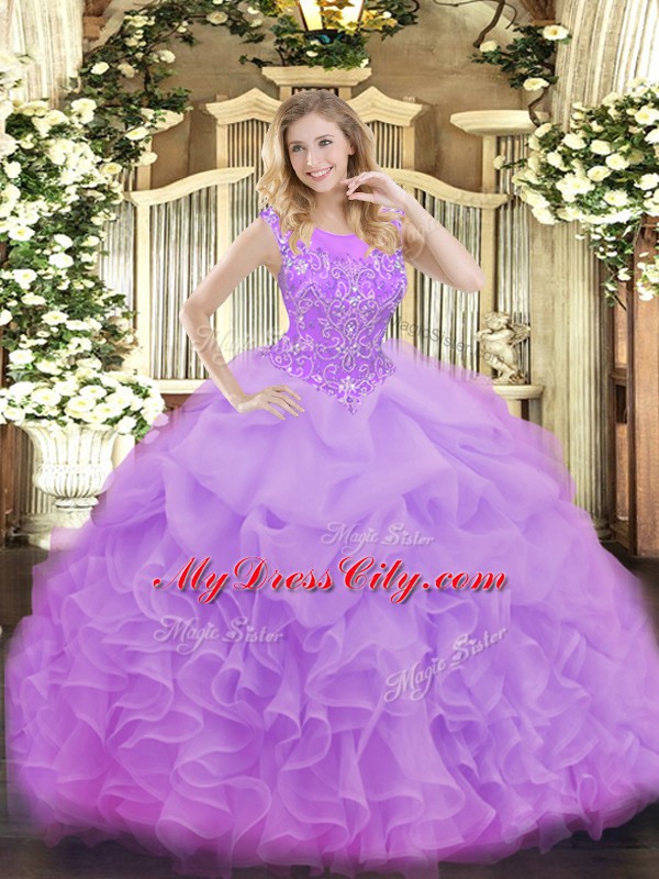 Fancy Lavender Ball Gowns Beading and Ruffles and Pick Ups 15th Birthday Dress Zipper Organza Sleeveless Floor Length