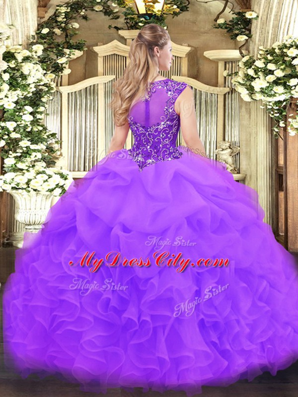 Fancy Lavender Ball Gowns Beading and Ruffles and Pick Ups 15th Birthday Dress Zipper Organza Sleeveless Floor Length