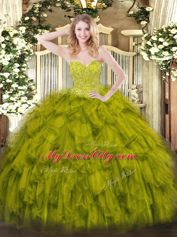 Custom Design Olive Green Ball Gowns Sweetheart Sleeveless Organza Floor Length Lace Up Beading and Ruffles Ball Gown Prom Dress