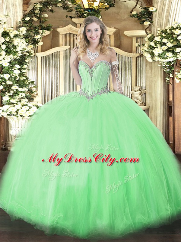 Sleeveless Floor Length Beading Lace Up Quinceanera Dress