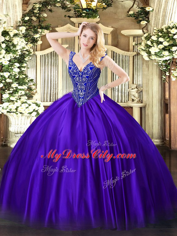 Pretty Purple Sleeveless Satin Lace Up Sweet 16 Dress for Military Ball and Sweet 16 and Quinceanera