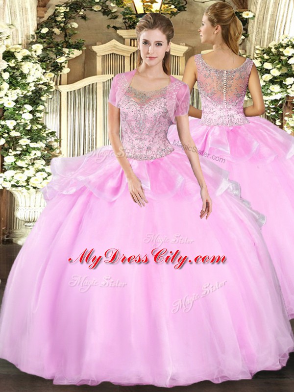 Baby Pink Tulle Clasp Handle Scoop Sleeveless Floor Length Quinceanera Dresses Beading and Ruffles