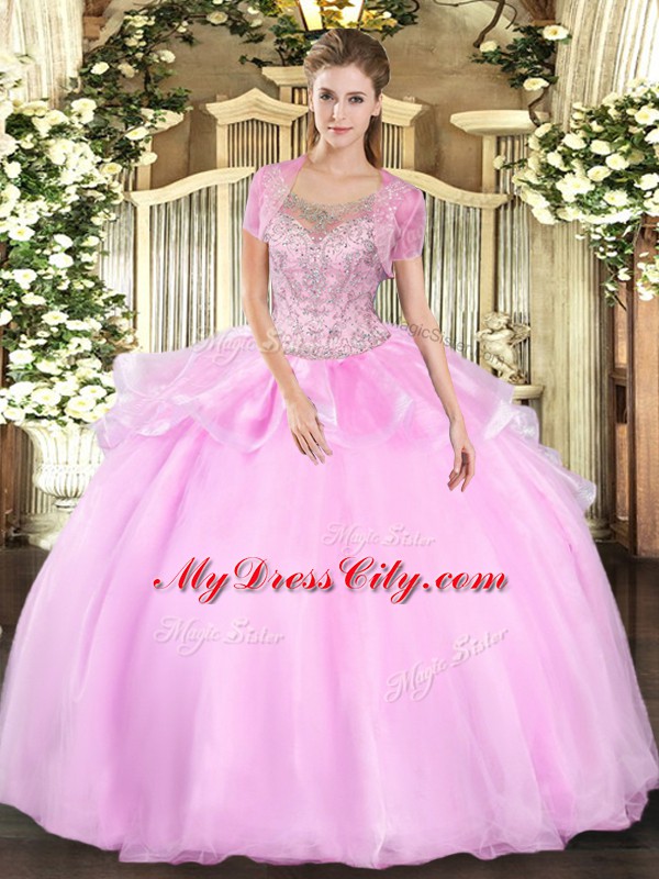 Baby Pink Tulle Clasp Handle Scoop Sleeveless Floor Length Quinceanera Dresses Beading and Ruffles