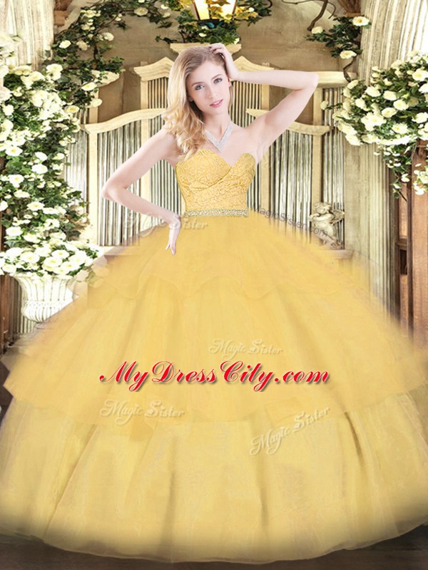 Gold Sweet 16 Dresses Military Ball and Sweet 16 and Quinceanera with Beading and Lace and Ruffled Layers Sweetheart Sleeveless Zipper