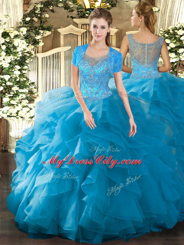 Fabulous Teal Tulle Clasp Handle Scoop Sleeveless Floor Length Quinceanera Gowns Beading and Ruffled Layers