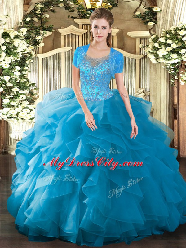 Fabulous Teal Tulle Clasp Handle Scoop Sleeveless Floor Length Quinceanera Gowns Beading and Ruffled Layers