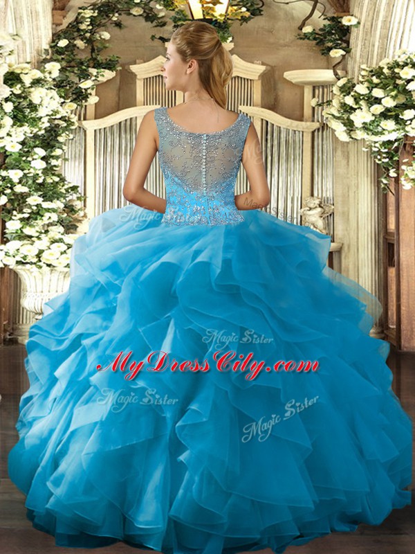 Fabulous Teal Tulle Clasp Handle Scoop Sleeveless Floor Length Quinceanera Gowns Beading and Ruffled Layers