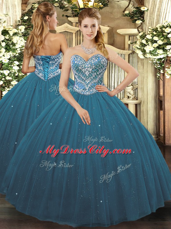 Beauteous Teal Lace Up Sweetheart Beading Quinceanera Gown Tulle Sleeveless